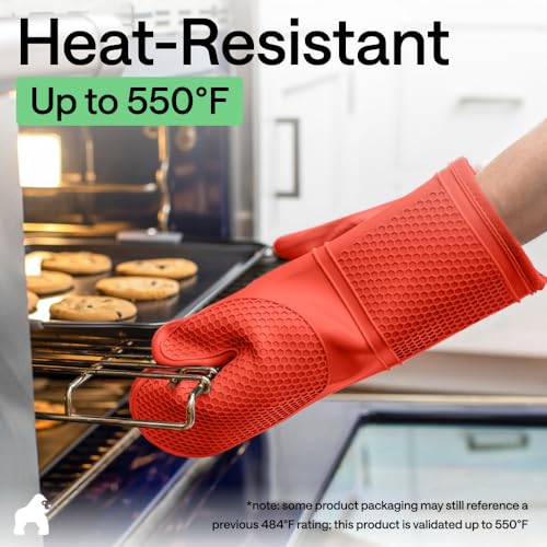 Image of GORILLA GRIP BPA-Free Soft Silicone Oven Mitts, 550F Heat Resistant Waterproof Cooking Safety Gloves, Thick Cotton Lining, Flexible Gripping for BBQ Grilling, Kitchen Potholders Set, 12.5x8.3, Coral