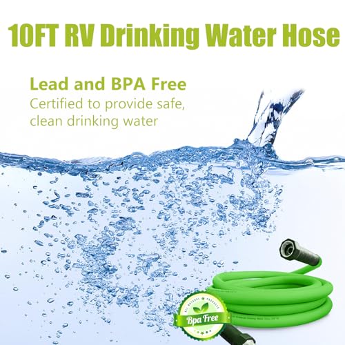 Image of Cupohus RV Water Hose 10FT, 5 /8 inch Extra Thick Wall Drinking Water Hose | Camper Water Hose, Potable Food Grade Hose with Storage Strap, Strain Relief Ends, Kink-Resistant, Marine, Car, Garden, Green