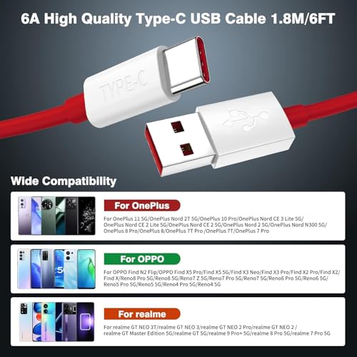 Image of 65W Type C Supervooc Original Charging Cable Compatible with Oneplus 13s /13r /13 /12r /12 /11, 11r /10 /Nord Ce5 /Ce4 /Ce3 /Ce2 /Lite /5G /Nord 5 /4 /3 /2 /Pad 3 /2, Warp /Dash Protocol Support for Device, Red