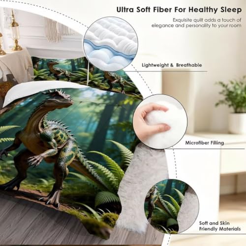 Image of Jungle Dinosaur Comforter Set Full Size Boys Kids Teens Bedding Set | Green Rainforest Forest 3 Piece Bed Sets for Boys Teens, 1 Comforter 2 Pillowcase, Room Decor Soft Microfiber All Season