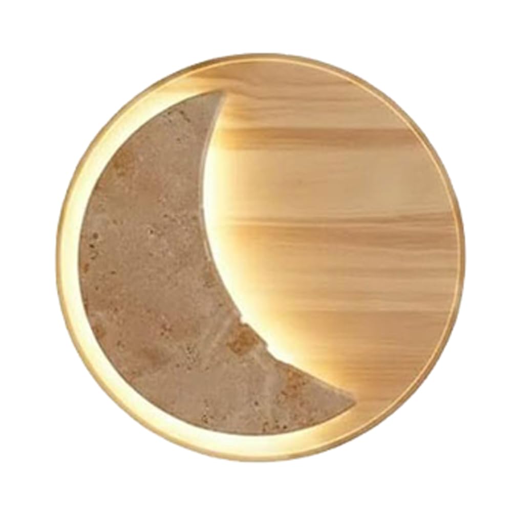 JISHUBO Vintage Farmhouse Style Wall Light, Minimalist Round Wood Wall Lamp, LED Light Source Yellow Travertine Wall Sconce, Restaurant Living Room Corridor Decoration Light Fixtures