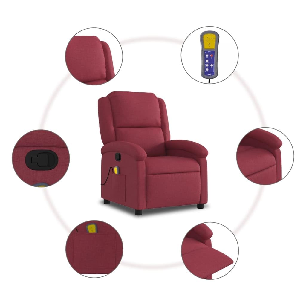 vidaXL Massagesessel, Sessel Verstellbare Rückenlehne, Fernsehsessel Relaxsessel mit Vibrationsfunktion, Liegesessel Polstersessel Ruhesessel, Weinrot Stoff