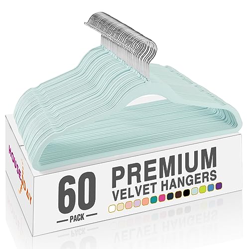 Image of HOUSE DAY Sky Blue Velvet Hangers 60 Pack, Non Slip Clothes Felt Hanger Heavy Duty for Coat, Premium Slim Space Saving Suit Hangers for Closet Organizer, 360 Rotating Silver Hook