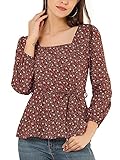 Allegra K Women's Floral Print Top Square Neck Long Sleeves Tie Waist Blouse Medium Red