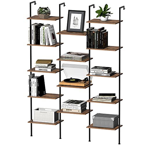 Tohomeor Triple Wide Bookshelf Wall Mounted 5-Tiers Ladder Book Shelf Industrial Wooden And Metal Bookshelf Open Display Storage Rack For Living Room Bedroom Home Office (Rustic Brown, Large) #TOP7