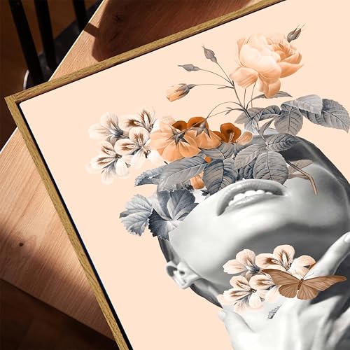 Image of Surreal Floral Woman Portrait Framed Canvas Painting For Living Room | Modern Beige Abstract Botanical Wall Art For Livingroom Wall Decor, Home Decor, Bedroom, Hallway's, Office, Hotel - 43x58 cm