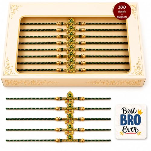 Image of eCraftIndia Pack of 100 Green Golden Om & Peacock Feather Religious Designer Rakhi for Brother Bhaiya Bhai | 100 Best Bro Ever Fridge Magnets | Roli Chawal Pack | Raksha Bandhan Gift Set