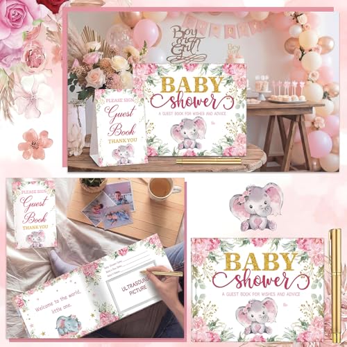 Image of Fuyoooo 27 Pcs Pink Elephant Baby Shower Guest Book Set Baby Shower Sign in Guest Elephant Book Place Table Cards with Gold Pen Adhesive Photo Corner for Birthday Party