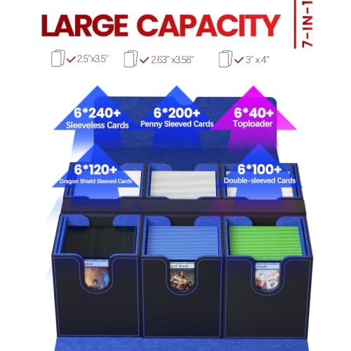 Image of Gomyrod Card Deck Box with 4 Commander Display & Dice Tray (Black & Blue) | 7 In 1 MTG Commander Deck Box, Fits 240+ Toploader Cards, Removable Deck Case, Compatible for Magic /TCG /Sports /Baseball Cards