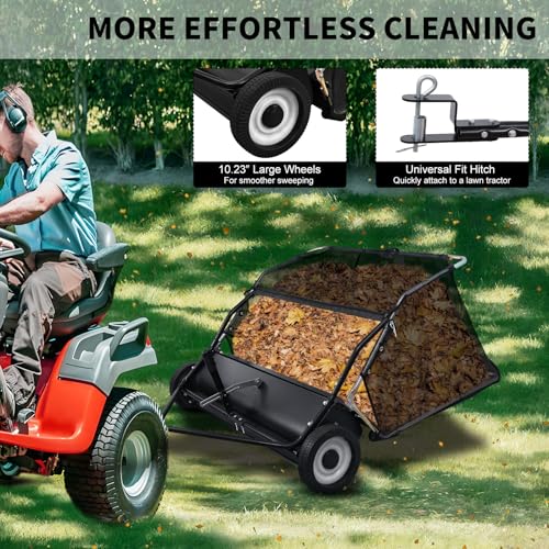 yoakaiax 44 Inch Lawn Sweeper Tow Behind, 25 cu.ft. Large Pull Behind Grass SweeperAdjustable Sweeping Height Leaf Grass Collector, Heavy Duty Yard Sweeper with Dumping Rope Rubber Wheels Black 44