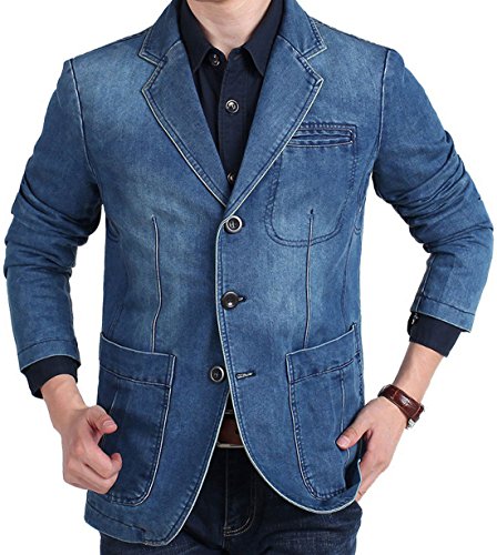 Image of chouyatou Men's Classic Notched Collar 3 Button Tailoring Distressed Denim Blazer Jacket