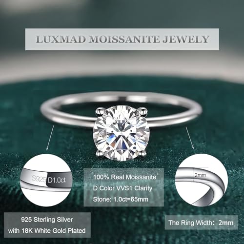 Moissanite Engagement Ring for Women White Gold Vermeil 1ct D-Color VVS1 Round Cut Simulated Diamond Solitaire Ring Classic 4 Prong Wedding Promise Anniversary Band Gifts for Her2