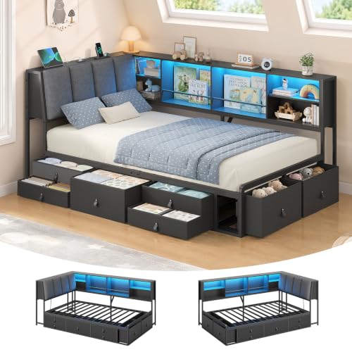 Polsterbett 90 X 200 mit 7 Schubladen, Jugendbett mit LED und Ladestation, Ergonomische 105°Rückenlehne, Schlafsofa mit Lattenrost aus Metall, Gepolstertes Kopfteil, Metall-Schutzgeländer, Schwarz