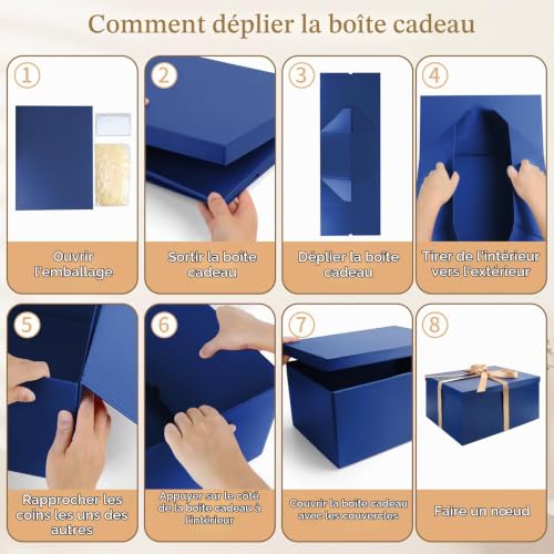 Ensemble Boite Cadeau, Boites Cadeau Bleu avec Couvercles 38 x 28 x 19 cm Grand Boîte Cadeau avec Ruban Papier de Soie Déchiqueté Cartes de Voeux pour Noël Anniversaire Mariage – vue 5