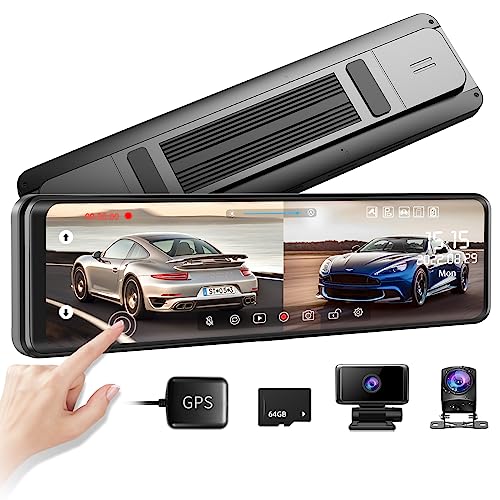 LINGDU LD05 12" Mirror Dash Cam Backup Camera, 2K 1440P+1440P Front and Rear Rearview Mirror for Cars, Full Touch Screen with Detached Dual Cameras, Parking Monitor, Night Vision Free 64GB Card & GPS
