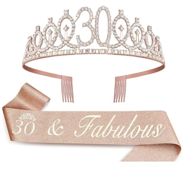 Conjunto de coroa e faixa para aniversário 30 mulheres, diadema com strass e faixa de corte, decoração de aniversário rosa claro, presente ajustável de 30 anos