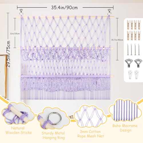 2 Tier Stuffed Animal Storage Shelf Net, 35x30'' Large Plushie Net w/ 2.4/1'' Dense Mesh for Mini Medium Stuffy Teddy, Purple Boho Macrame Toy Holder Display w/ Lights&Clips for Nursery Kid Girl Boy by iHansee - Used condition - US$30.13