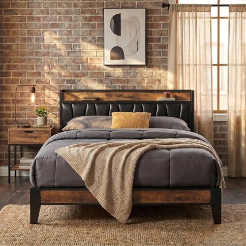 Image of LIKIMIO Full Size Bed Frame, Storage Headboard with Charging Station, Solid and Stable, Noise Free, No Box Spring Needed, Easy Assembly (Vintage and Black)