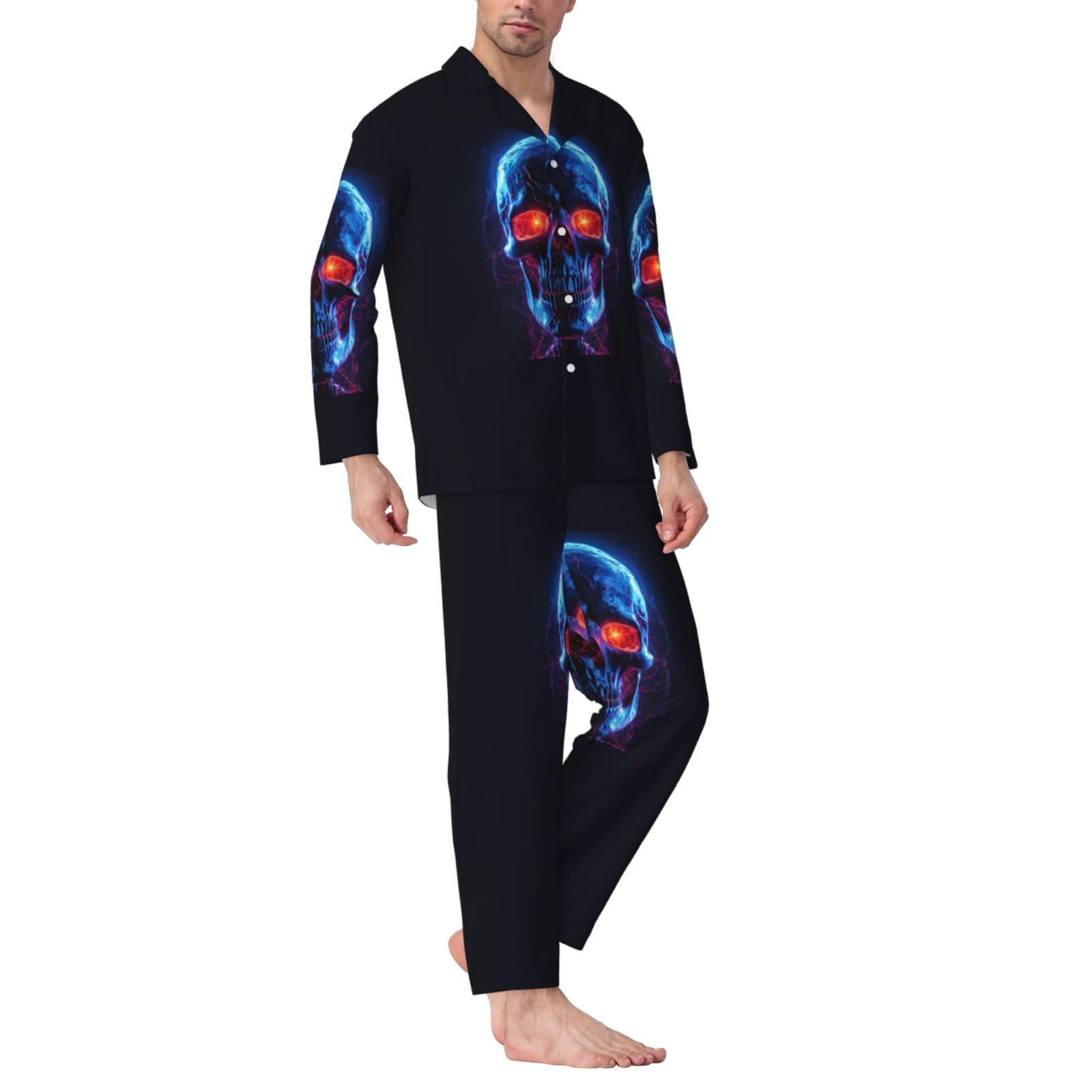 Langärmeliges Pyjama-Set für Herren, Halloween, Totenkopf-Aufdruck, zweiteilig, Hauskleidung, bequeme Nachtwäsche