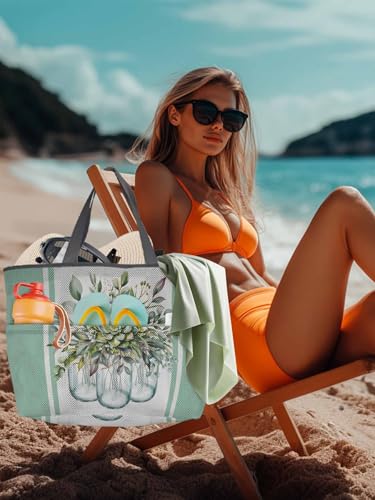 Mesh Beach Bag Oversized Tote Bags for Women Flower Green Leaves Vase Large Travel Pool Bags with 8 Pockets4