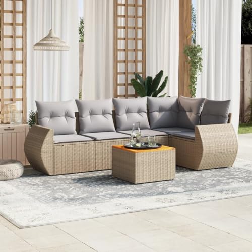 Bucmath Salon de Jardin modulable en résine tressée Beige avec Coussins Gris Clair 6 pcs, Table en Bois d'acacia, Rangement étanche, pour terrasse, Balcon ou Patio,...