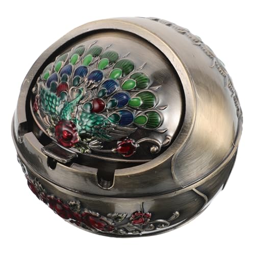 Zerodeko Retro Ash Tray with Lid, Bronze Peacock Design, Windproof Covered Ashtray for Home, Dining Room, Patio Indoor and Outdoor Use, Smokeless Portable Ash Bucket for Men