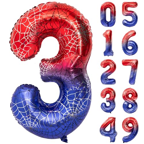 Image of 40 In Red And Blue Spider Theme Large Number 3 Balloon | Giant Large Helium Foil Balloon for Boy or Girl 3 th Birthday Wedding Anniversary Baby Shower Party Decorations