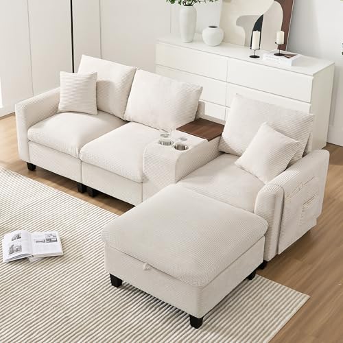 Modernes L-Form Ecksofa mit Konsole & Hocker mit Stauraum, USB-Ladestation, 4-Sitzer Komfort Couch...
