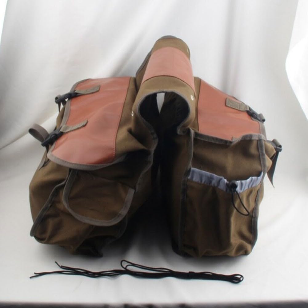 Borsa da bici posteriore in tela con cuciture in pelle, resistente, per pendolari e viaggi, scomparti multipli fissati da chiusura con fibbia (cammello)