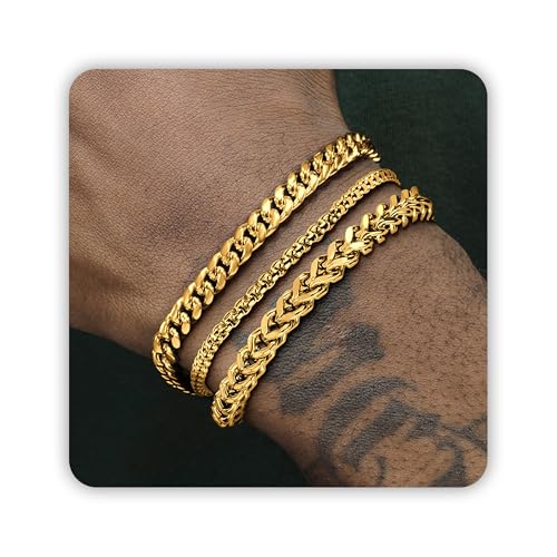 DAYANEY Mens Bracelet 9.0 Inches Gold Cuban,Box Franco Chain Set