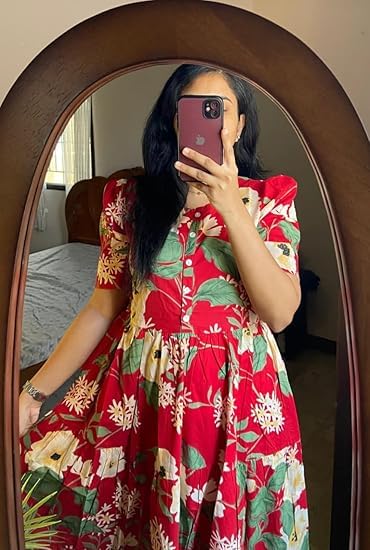 Image of Women's Floral Printed Tiered Midi Dress, Puff Sleeves, Square Neck, Button-Front
