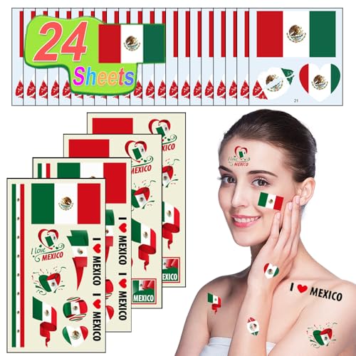 24 Sheets Mexican Flag Tattoos Chicano Mexico Independence Day Face Temporary Tattoos Stickers For Men Women Waterproof National Country Flag for World Cup Sports Competition, Sport Games