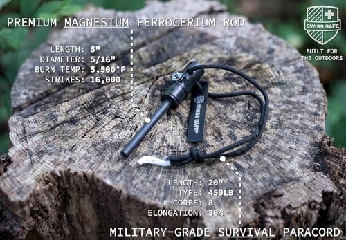 Swiss Safe 5-in-1 Magnesium Ferro Rod Fire Starter Survival Tool - Flint & Steel Striker, Compass, Paracord & Whistle - Emergency Kit for Backpacking, Camping, Hiking - All-Weather - Image 4