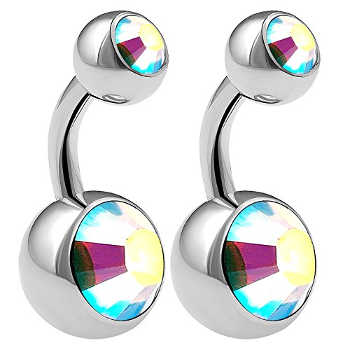 bodyjewellery 2pcs 14g Implant Grade Surgical Steel Double Crystal Short Navel Belly Button Ring 6mm1/4 14 gauge pick color(s) (AB)