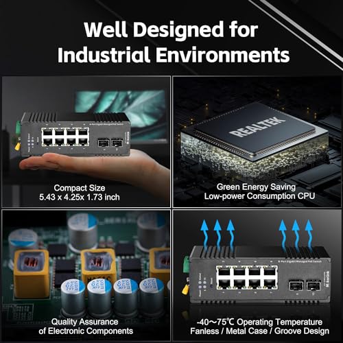 Image of MokerLink 8 Port Gigabit PoE Industrial DIN-Rail Ethernet Switch Managed, 2 SFP Ports, IEEE802.af /at 96W PoE+ Power, Web L2+ Managed IP40 Network Switch (-40 to 185F), with Power Supply