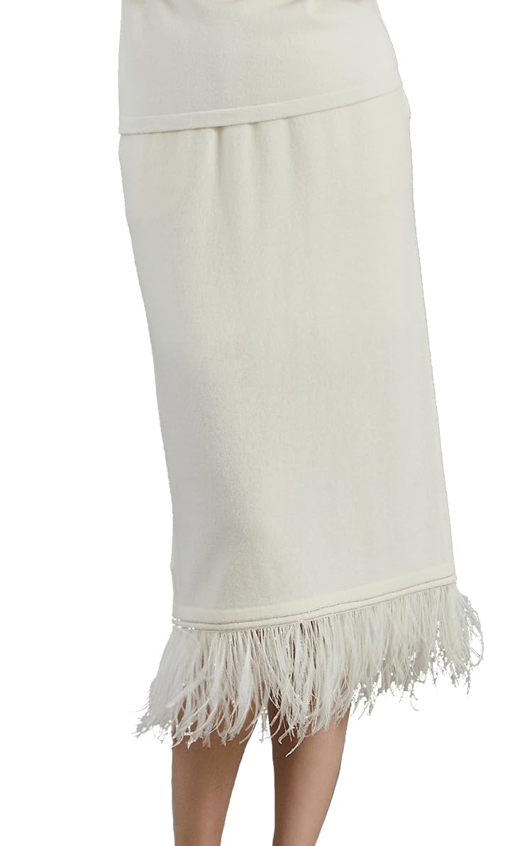 Womens Premium 100 Cashmere Feather-Detail Midi Skirt Soft Ribbed Knit Luxury Style BC758