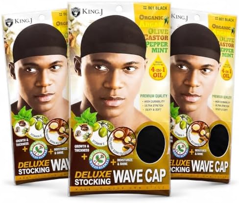 Healthy Treated Wave Deluxe Stocking Wave Cap Black (3 Pack)