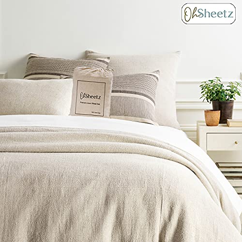Oh Sheetz Flex/Split Top King French Linen Sheet Set - All Natural Luxury Sheet Set - Split Head Fits Up To 34" & Deep Pocket Fits Up To 15" Mattresses - Natural Flax - Bed Linen Sheet Set #TOP5