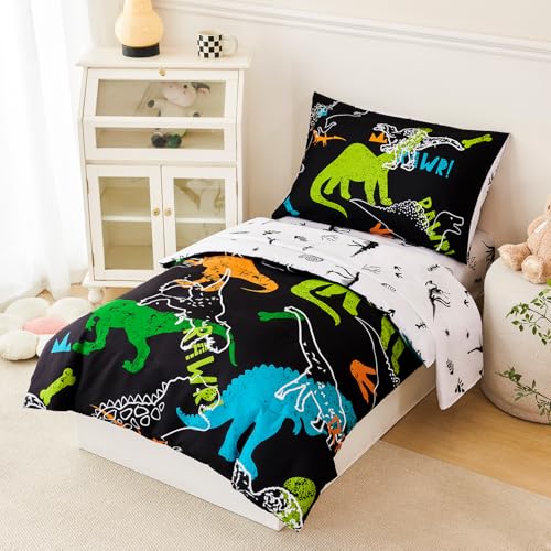 Image of PERFEMET Twin Kids Bedding Sets 4-Piece Cartoon Dinosaur Boys Comforter with Sheets Ultra Soft Reversible Colorful Animal Children Bed in a Bag Set(Dinosaur, Twin)