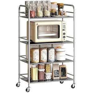 HOMCOM 4 Tier Stainless Steel Storage Trolley with Adjustable Shelves, Serving Trolley with Locking Wheels and Handles, Rolling Cart for Kitchen, Dining Room, Bathroom, Silver