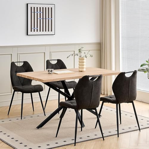 DEYARNA HOME Juego de Comedor Mesa y Sillas – Mesa de Comedor Rectangular con 4 Sillas de Comedor (Tapizado en Tela de Lino con Asas) – Ideal para Cocina, Comedor (Madera Clara+4*Sillas (Negro))