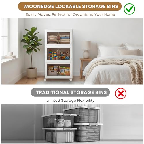 MOONEDGE 105 QT Stackable Storage Bins with Doors & 3 Lids on Lockable Wheels, Foldable Collapsible Storage Cabinet, Clear Plastic Bins for Clothes, Garage, Closet & Basement — view 6