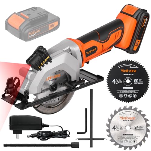 Image of Yunirvana Mini Circular Saw, 20V 3400RPM Professional Cordless Circular Saw, Adjustable Angle and Depth,Max Cutting Depth 1-11 /16 inch(90), 1-1 /8 inch(45), Laser Guide, Rip Guide