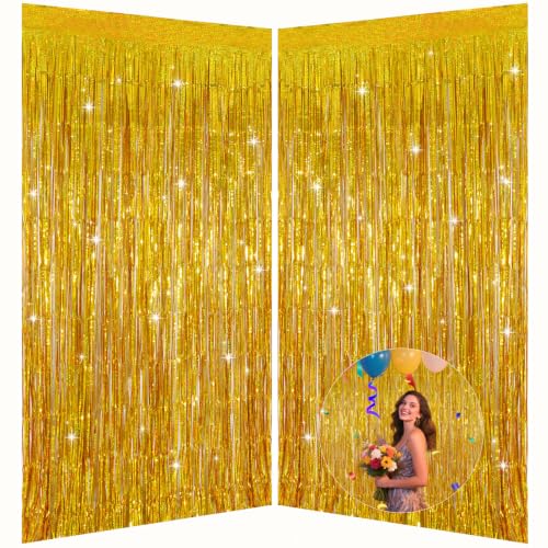 Image of Gold Back to School Backdrop Fringe Curtains Streamers Tinsel Photo Booth | 3.28 x 6.56ft Foil Curtain for Birthday Party Decorations, Wedding & Photography Background
