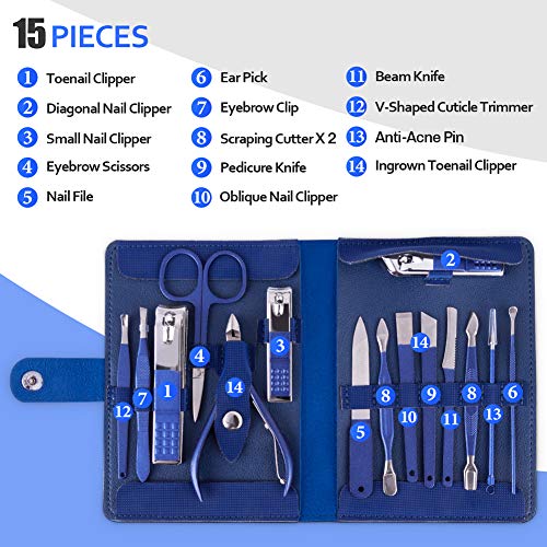 Manicure Set, Pedicure Kit, Nail Clippers, Professional Grooming Kit, Nail Tools 18 in 1 with Luxurious Travel Case for Men and Women 2020 Upgraded Version Blue (18 in 1) (Blue 18 in 1) (Blue 15 in 1) - Thumbnail 2