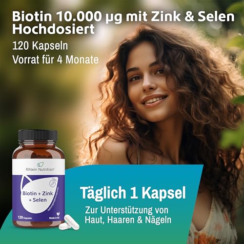 Biotin Hochdosiert + Zink + Selen Kapseln - Haut Haare Nägel Kapseln - 120 Kapseln 4 Monate Vorrat - Haar Vitamine - Vegan Ohne Zusätze in Deutschland hergestellt - Rhein Nutrition