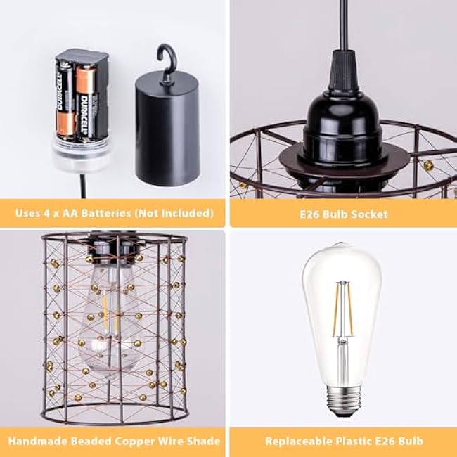 Battery Operated Hanging Outdoor Chandelier, Battery Power 5¡É¡É¨G6¡É¡É Pendant Light, Gazebo Lights Outdoor, 4 AA Batteries, For Gazebo, Pergola, Porch, Patio, Indoor Outdoor Decor Lighting (2)