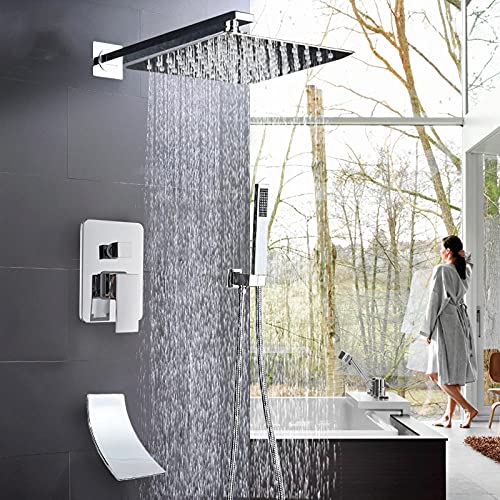 Robinet de douche de bain chromé avec pomme effet de pluie 8 pouces et cascade