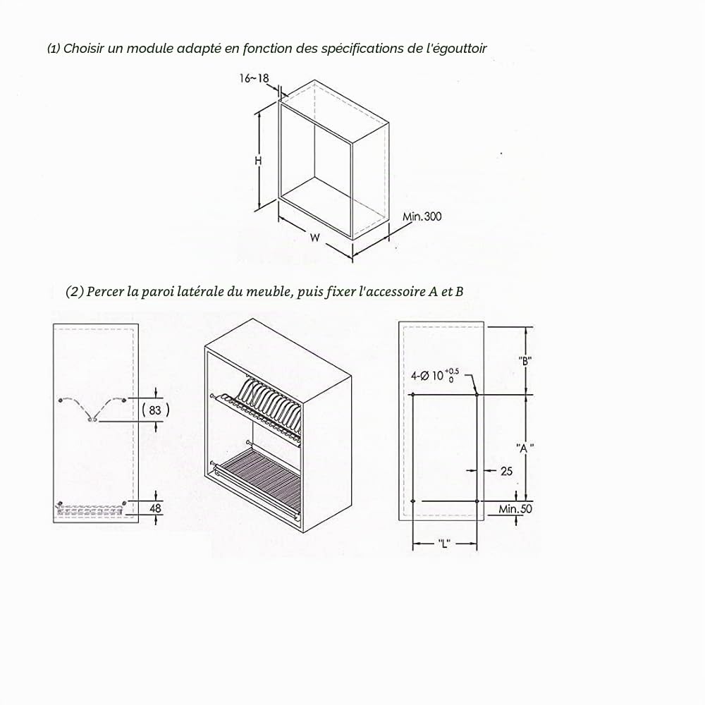 Evotrade Égouttoir à vaisselle encastrable en acier inoxydable avec ressorts réglables Pour meuble suspendu Kit récupérateur de gouttes et grille à verres