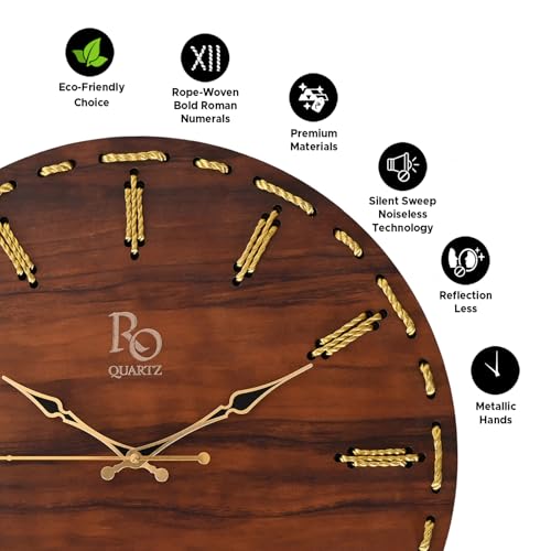 Image of Wooden Round Shape Wall Clock with Golden Hands & Golden Zari Rope Detailing | Handcrafted Silent Quartz Movement Anti Reflection Analog Vintage Clock for Home, Office (Brown, 15.5 Inch)